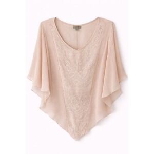 One World Soft Beige Embroidered Chiffon‎ Womens Sheer Tunic Blouse Large